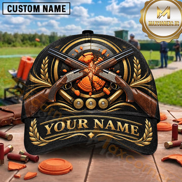 Maxcorners Trap Shooting Crossed Shotguns Golden Crest Multiple Options Personalized Name 3D Cap