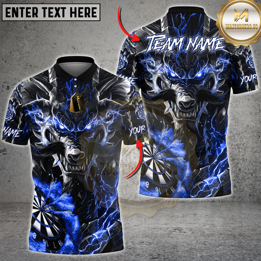 Maxcorners Personalized Blue Lightning Armored Wolf Darts Polo Shirt with Dartboard Multicolor Options Personalized Name, Team Name 3D Shirt (4 Colors)
