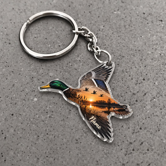 Maxcorners Flying Mallard Sunset Silhouette Design Custom Name Trap Hunting Custom Gift 2D Flat Acrylic Ornament, Keychain