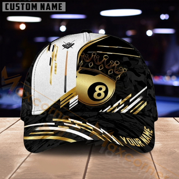 Maxcorners Billiards 8 Ball Black White Gold Crown Multiple Options Personalized Name 3D Cap