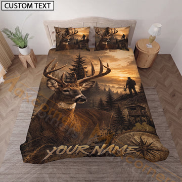 Maxcorners Personalized Whitetail Deer Hunter Bedding Set, Custom Name Sunset Buck Hunting Compass Bedding, Gift for Hunters
