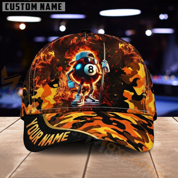Maxcorners Billiards 8 Ball Fiery Skull Orange Camo Multiple Options Personalized Name 3D Cap