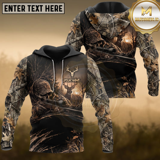 Maxcorners Deer Hunting Camo Skull Hunter Rifle Whitetail Buck Multiple Options Personalized Name 3D Hoodie