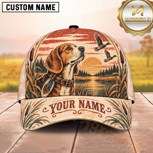 Maxcorners Duck Hunting Marshland Dog Sunset Flying Ducks Vintage Artwork Multiple Options Personalized Name 3D Cap