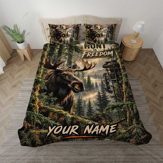 Maxcorners Moose Hunting Hunt Freedom Pine Forest Wilderness Artwork Multiple Options Personalized Name 3D Printed Bedding Set