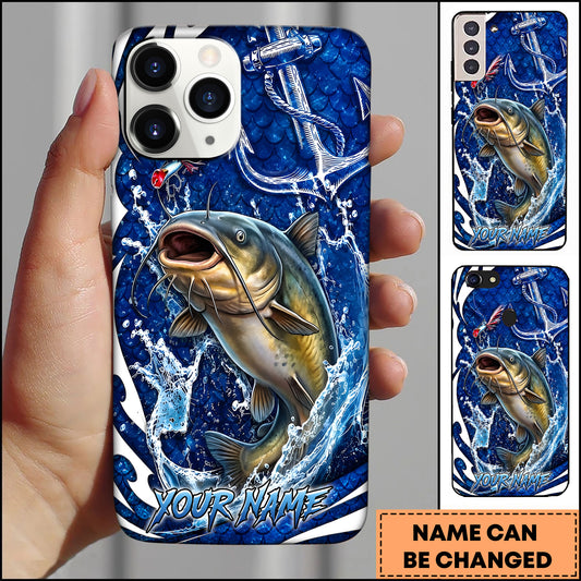 Maxcorners Personalized Fishing Phone Case with Ocean Splash, Anchor, Lure, Blue Fish Scales and Custom Name Phone Case (12 Species)