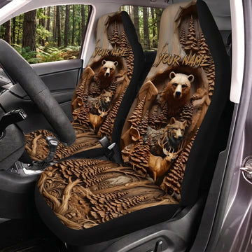 Maxcorners Bear Hunting Rustic Wood Carving Personalized Name Car Seat Covers