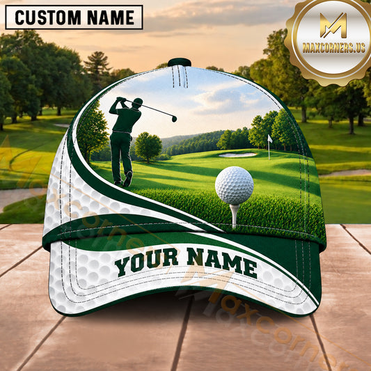 Maxcorners Golf Course Player Silhouette Scenic Landscape Multiple Options Personalized Name 3D Cap