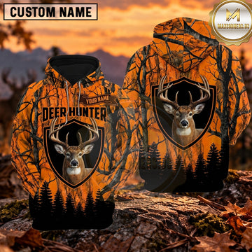 Maxcorners Trophy Buck Hunting Shield Forest Camo Personalized Name 3D Hoodie