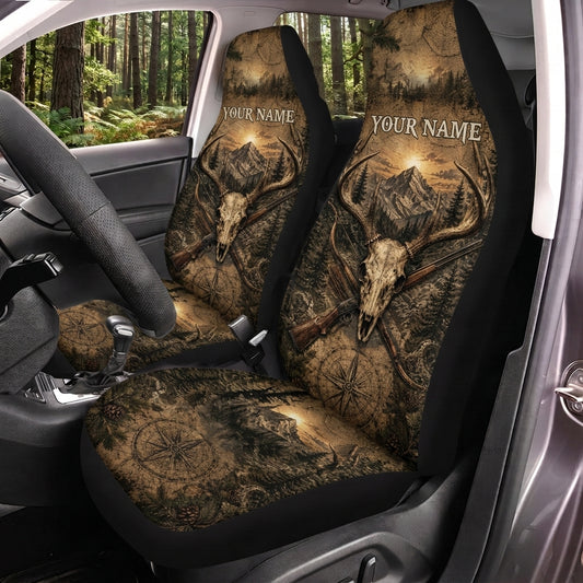 Maxcorners Deer Hunting Vintage Compass Woodland Personalized Name Car Seat Covers