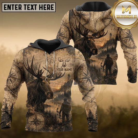 Maxcorners Moose Hunting Vintage Map Forest Hunter Compass Multiple Options Personalized Name 3D Hoodie
