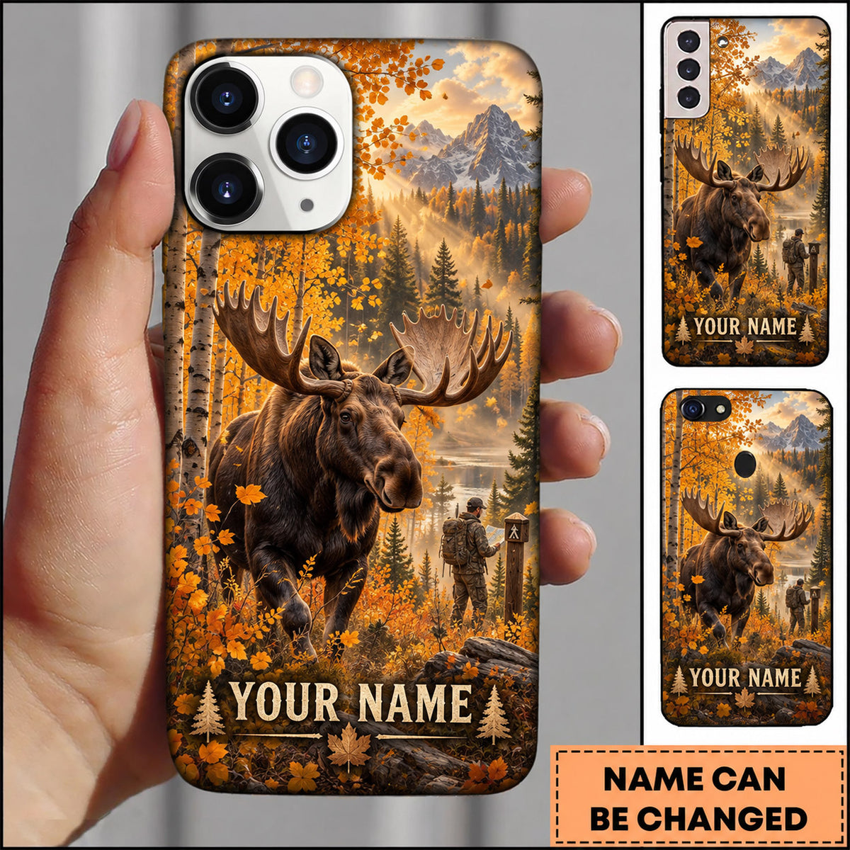 Maxcorners Moose Hunting Autumn Forest Mountain Wilderness Personalized Name 3D Phone Case