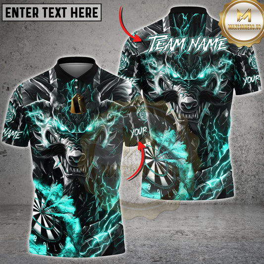 Maxcorners Personalized Blue Lightning Armored Wolf Darts Polo Shirt with Dartboard Multicolor Options Personalized Name, Team Name 3D Shirt (4 Colors)