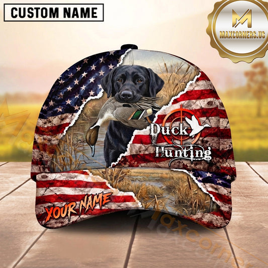 Maxcorners Distressed American Flag Torn Effect Duck Hunting Dog Cap, Multiple Breeds Personalized Name 3D Cap