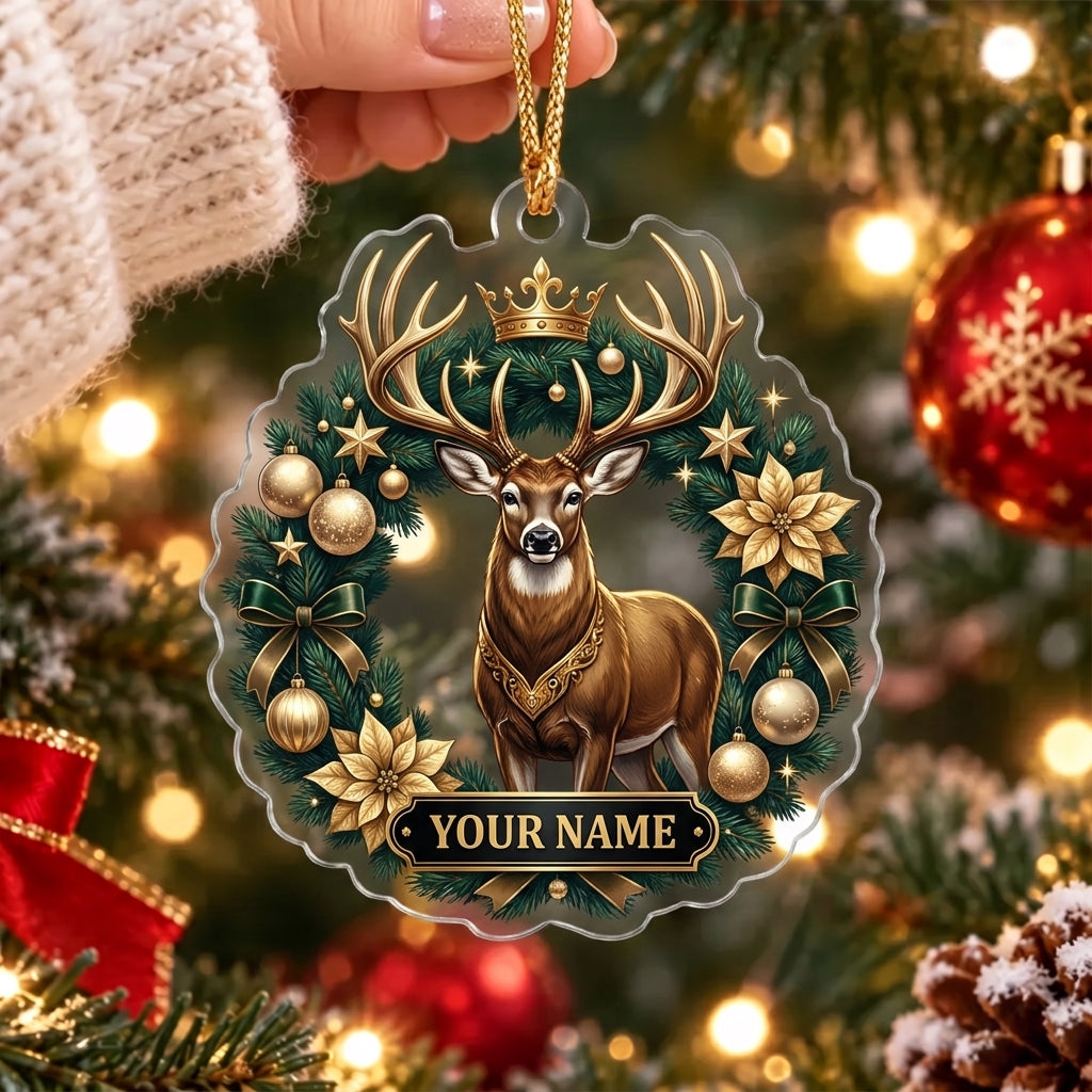 Maxcorners Majestic Whitetail Deer Elegant Gold Floral Personalized Name Christmas Ornament