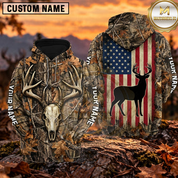Maxcorners Deer Hunting American Flag Skull Camo Personalized Name 3D Hoodie