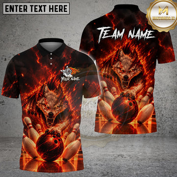 Maxcorners Bowling Shirt Fierce Wolf Fire Bowling Ball and Pins Multiple Options Personalized Name, Team Name 3D Shirt