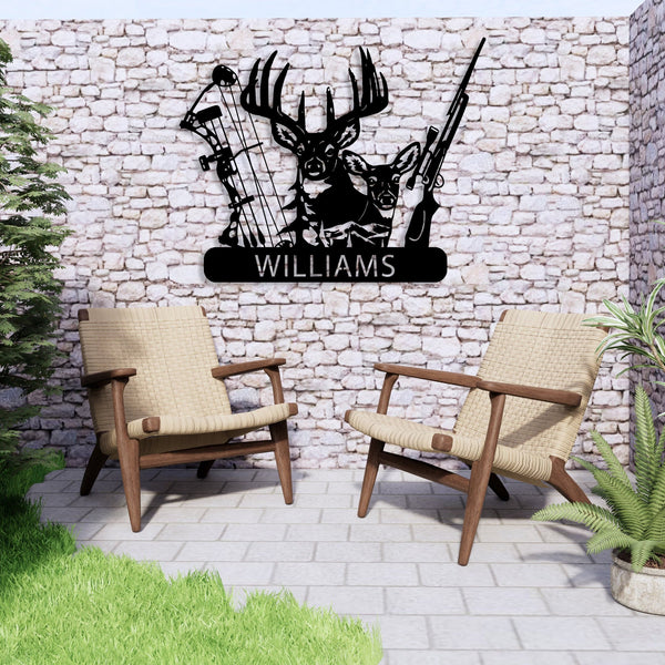 Maxcorners Personalized Deer Hunter Metal Wall Art, Custom Name Bow and Hunting Rifle Sign, Deer Hunting Wall Hanging, Hunter Gift LM0110
