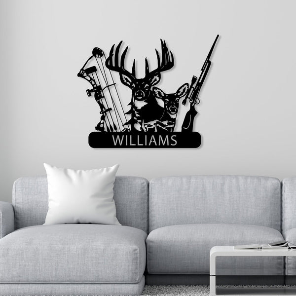 Maxcorners Personalized Deer Hunter Metal Wall Art, Custom Name Bow and Hunting Rifle Sign, Deer Hunting Wall Hanging, Hunter Gift LM0110
