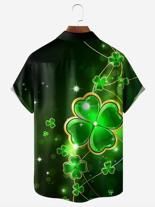 Maxcorners Irish Parade Green St. Patrick's Day Lucky Clover Hawaiian Golf Shirt, St Paddy's Day Tropical Vibe Men's Golf Shirt