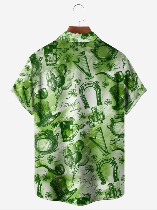 Maxcorners Green St. Patrick's Day Lucky Clover Gold Coins Beer Hawaiian Golf Shirt, Tropical Vibe Men's Golf Shirt