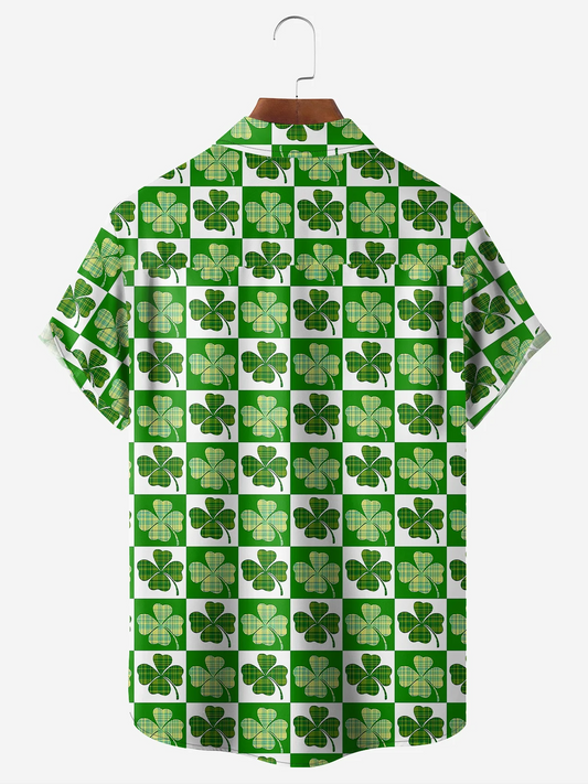 Maxcorners Green St. Patrick's Day Lucky Clover Lucky Grid Hawaiian Golf Shirt, St Paddy's Day Tropical Vibe Men's Golf Shirt