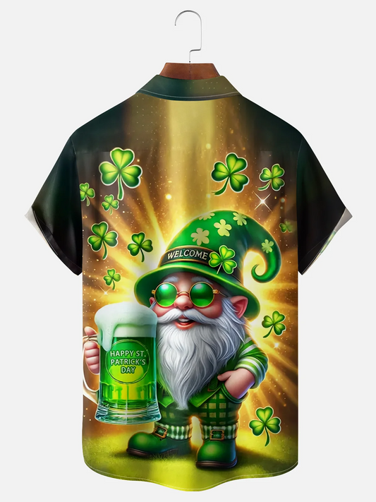 Maxcorners St. Patrick's Day Shamrock Gnome Beer Hawaiian Golf Shirt, Shamrock Golf Shirts, Men's Golf Shirt