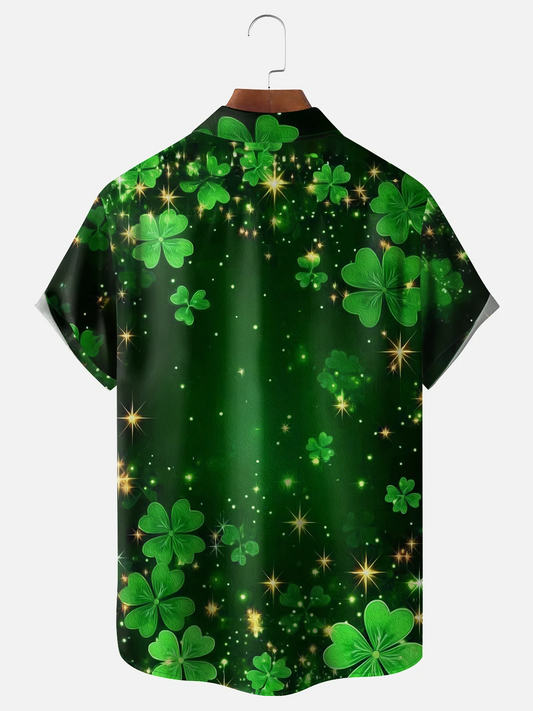 Maxcorners St. Patrick's Day Four Leaf Clover Green Art Hawaiian Golf Shirt, Tropical Vibe Men's Golf Shirt