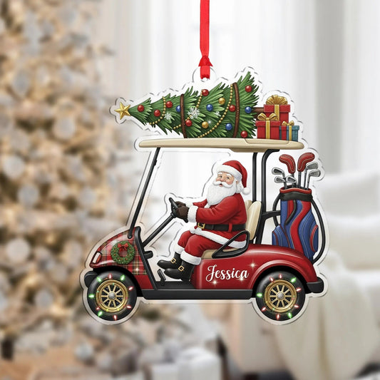Maxcorners Personalized Santa In Golf Cart Ornament, Acrylic Ornament, Christmas Tree Ornaments, Gift For Golfer