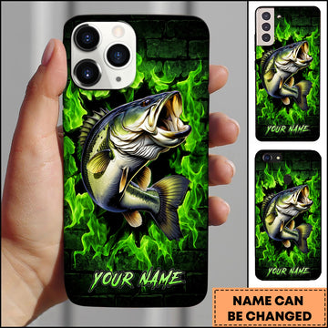 Maxcorners Fishing Phone Case Green Flame Dark Brick Wall Fish Art Design Custom Name Phone Case (12 Fish Species)