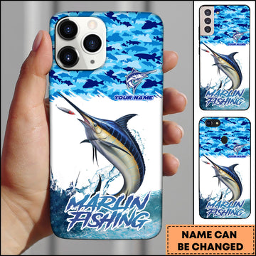 Maxcorners Marlin Fishing Phone Case Jumping Water Splash Blue Scale Pattern Personalized Name Phone Case