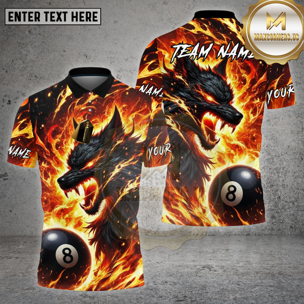 Maxcorners Billiards Fire Wolf Flame Art Design Multi Options Personalized Name Team Name 3D Shirt