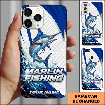 Maxcorners Marlin Fishing Phone Case  Scale Texture White Blue Dynamic Wave Art Personalized Name Phone Case