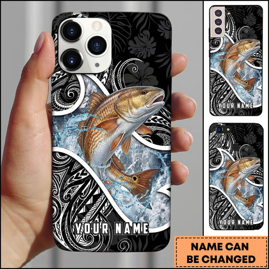 Maxcorners Redfish Fishing Tribal Pattern Black White Water Splash Personalized Name Phone Case
