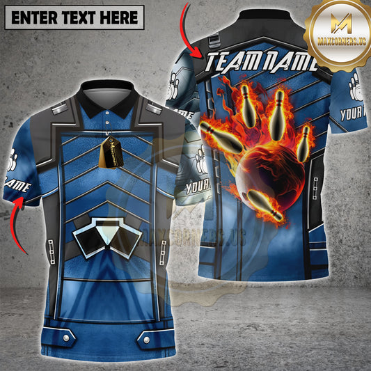 Maxcorners Bowling Team Shirt Tactical Armor Blue Panel Flaming Bowling Ball Graphic Multicolor Options Personalized Name, Team Name 3D Shirt (4 Colors)