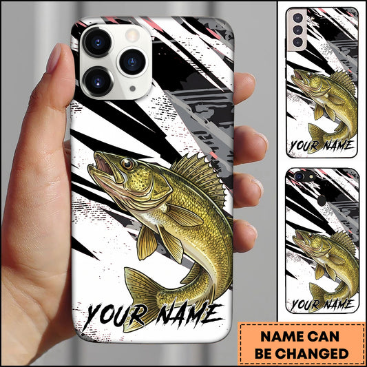 Maxcorners Fishing Walleye Black White Abstract Brush Strokes Personalized Name Phone Case