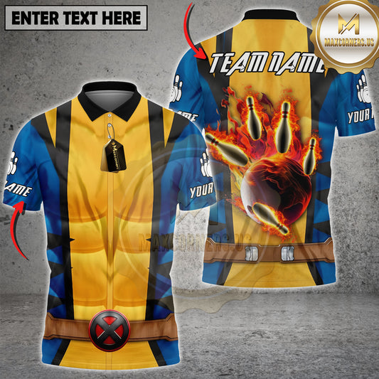 Maxcorners Bowling Team Shirt Superhero Yellow Black Suit Flaming Bowling Ball Graphic Multicolor Options Personalized Name, Team Name 3D Shirt (4 Colors)