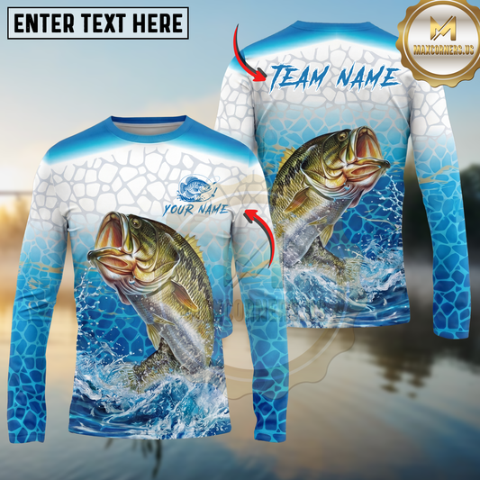 Maxcorners Fishing Ocean Splash Personalized Name, Team Name Long Sleeve Shirt (9 Fish Species)