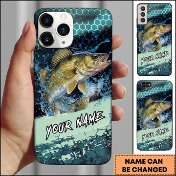 Maxcorners Walleye Fishing Teal Honeycomb Water Burst Personalized Name Phone Case