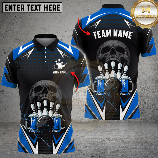 Maxcorners Bowling Shirt Skull Beer Lightning Party Graphic Multicolor Options Personalized Name, Team Name 3D Shirt (4 Colors)