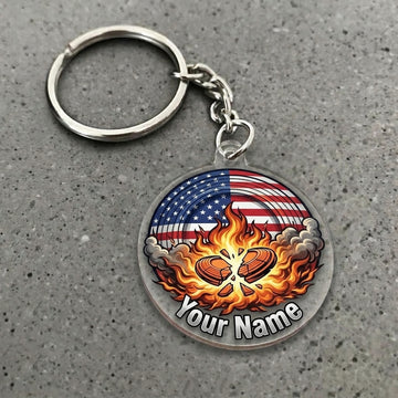 Maxcorners Personalized American Flag Fire Cracked Clay Target Trap Shooting Acrylic Christmas Ornament And Keychain Custom Gift For Hunters 2D Flat