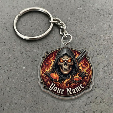 Maxcorners Personalized Grim Reaper Flaming Eyes Shotgun Fire Clay Target Acrylic Christmas Ornament And Keychain Custom Gift For Hunters 2D Flat