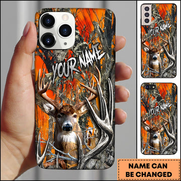Maxcorners Hunting Phone Case Realistic Whitetail Deer In Deep Forest Camo Background Personalized Name Phone Case | Orange