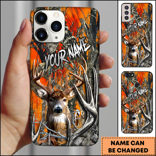 Maxcorners Hunting Phone Case Realistic Whitetail Deer In Deep Forest Camo Background Personalized Name Phone Case | Orange