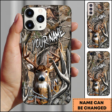 Maxcorners Hunting Phone Case Realistic Whitetail Deer In Deep Forest Camo Background Personalized Name Phone Case | Grass Brown