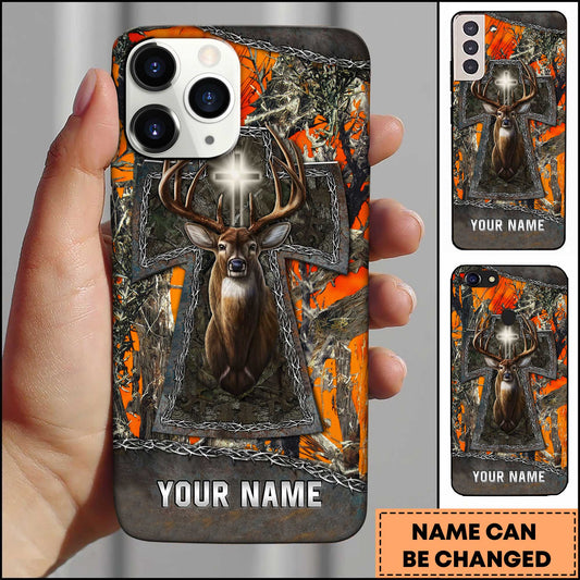 Maxcorners Hunting Phone Case Christian Cross Deer Faith Hunting Camo Design Personalized Name Phone Case | Orange