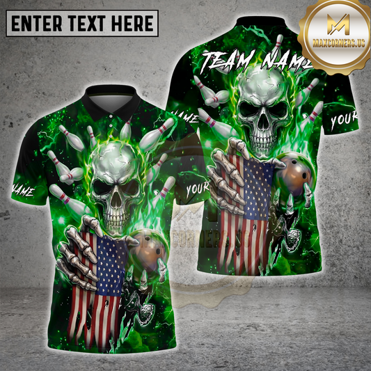 Maxcorners Skull Bowling Pins Strike Electric Blue Lightning Multicolor Options Personalized Name, Team Name 3D Shirt (4 Colors)
