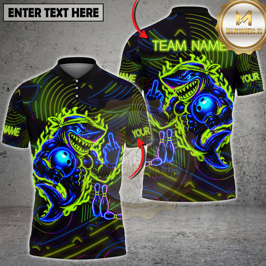 Maxcorners Bowling Shark Shirt Neon Flame Aggressive Shark Graphic Multicolor Options Personalized Name, Team Name 3D Shirt (2 Colors)