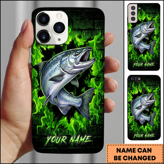 Maxcorners Bass Fishing Phone Case Green Flame Dark Brick Wall Fish Art Design Custom Name Phone Case (12 Fish Species)