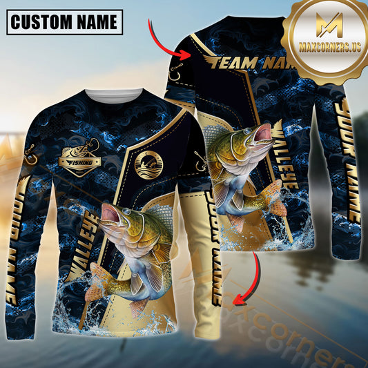 Maxcorners Walleye Fishing Ocean Wave Gold Luxury Pattern Personalized Name, Team Name Long Sleeve Shirt
